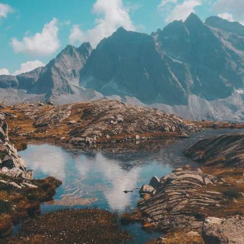 Gorgeous view of a calm lake surrounded by mountains during daylight