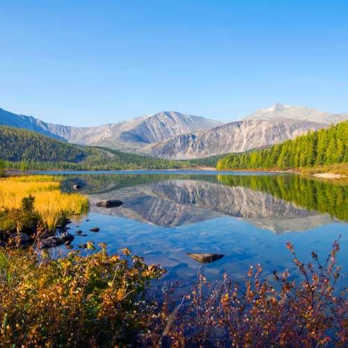 Scenic view of mountains and lake